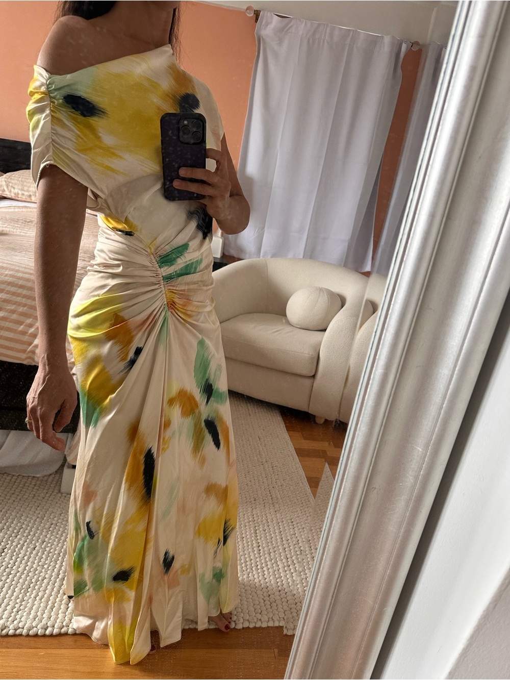 Off-Shoulder silky floral maxi dress